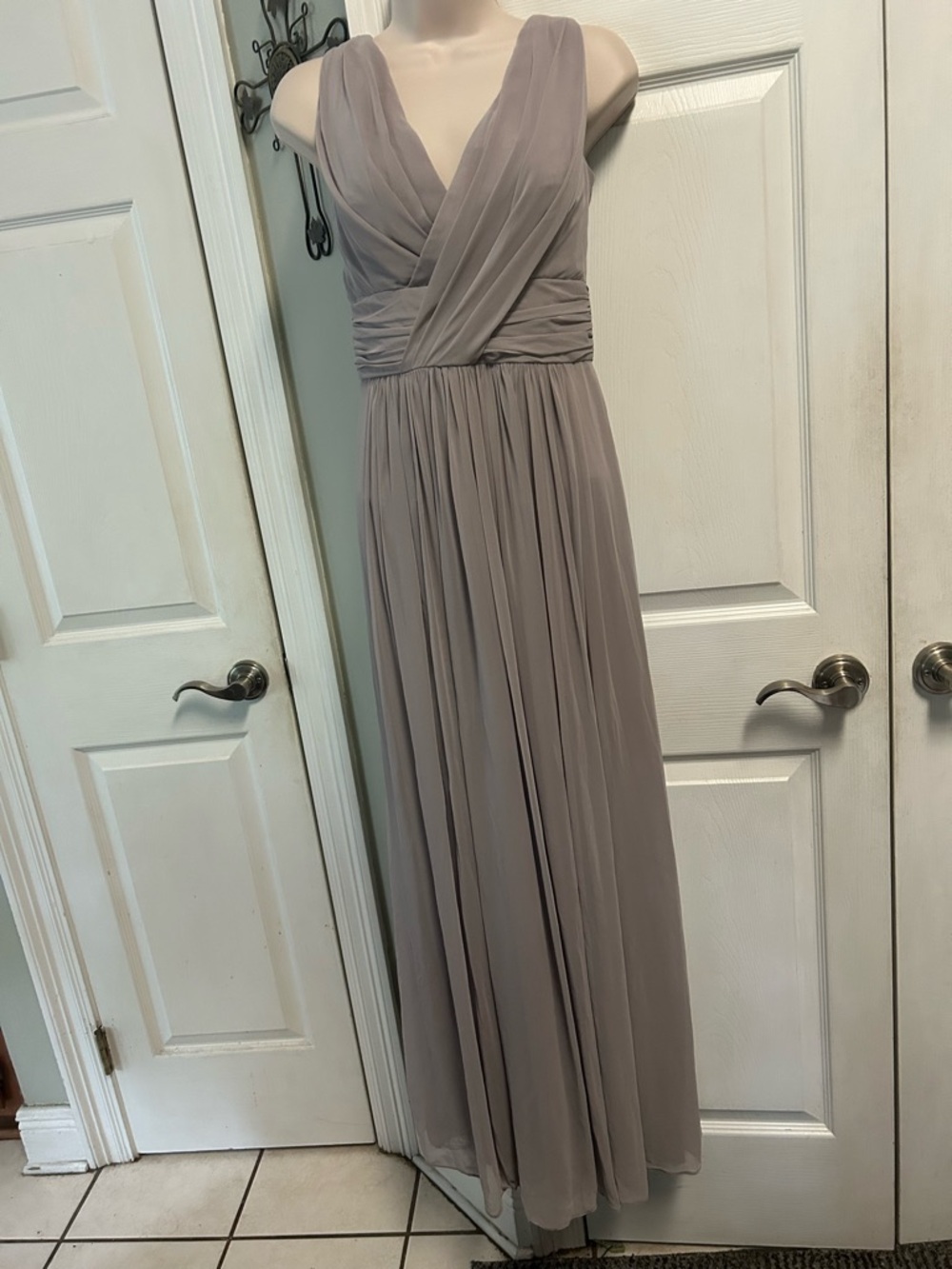 Elegant V-Neck Maxi Formal Dress in Taupe Chiffon Draping Wedding Mother Bride